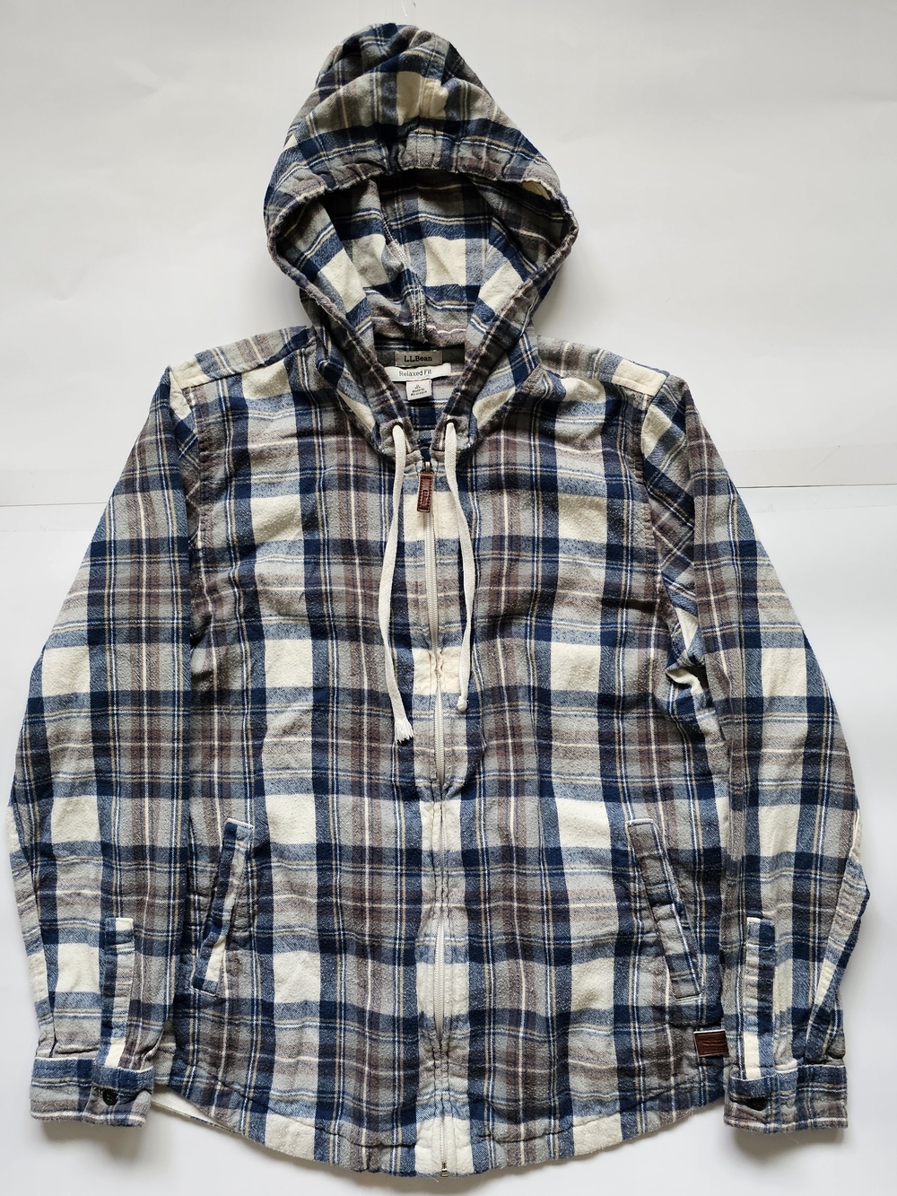 L.L. Bean Blue, Brown & Cream Plaid Hooded Shirt Sz. S